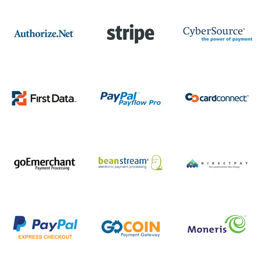 Authorize.net, Stripe, Cybersource, FirstData, PayPal Payflow Pro, CardConnect, goEmerchant, BeanStream, DirectPay, PayPal Express, GoCoin